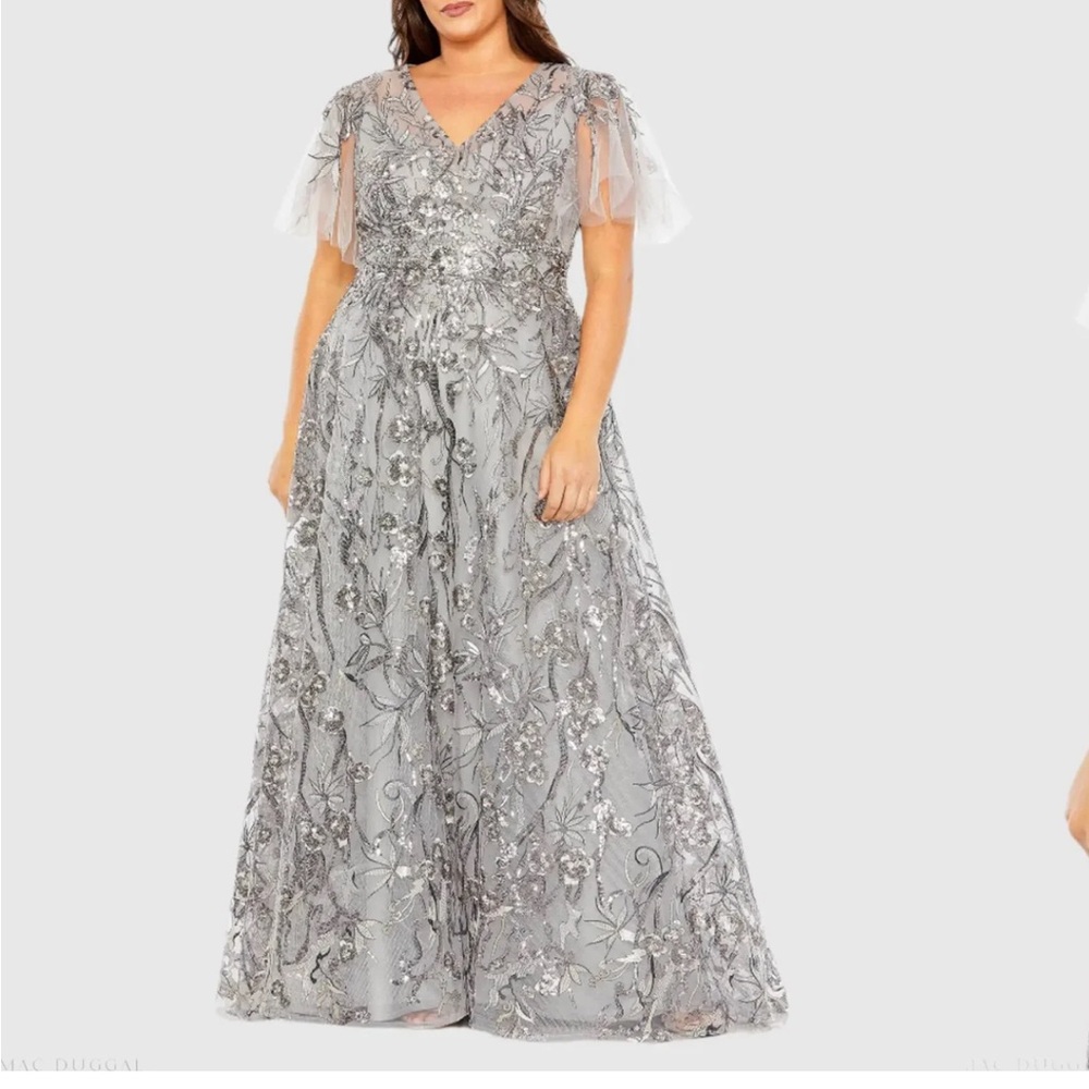 Mac Duggal Silver Sequin Tie Front Gown